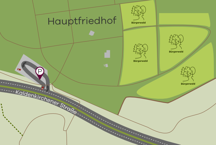 Auf der Karte ist der Standort des Bürgerwalds auf dem Hauptfriedhof zu sehen, Eingang Kalendenkirchener Straße