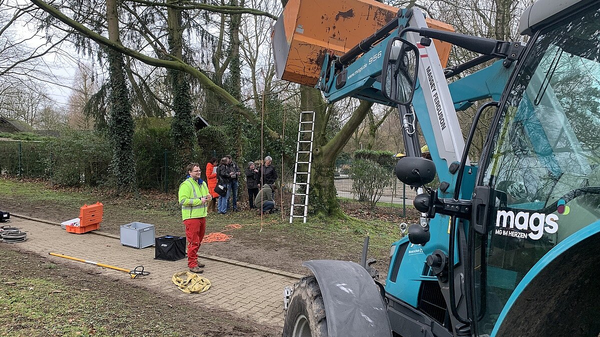 Mithilfe des Baggers wird per Greifzug eine bestimmte Windlast auf den Baum simuliert.