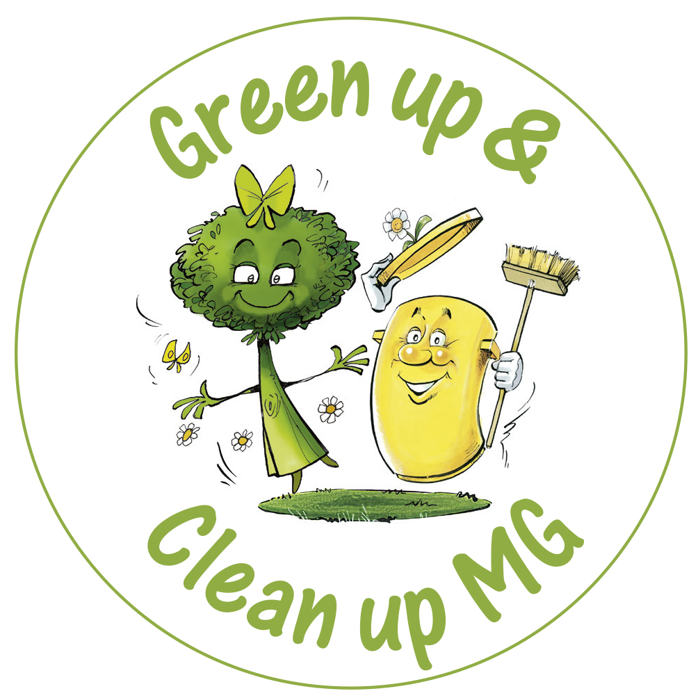 Logo von Green up MG zeigt einen gezeichneten Baum mit Gesicht und eine gelbe Tonne mit Gesicht.